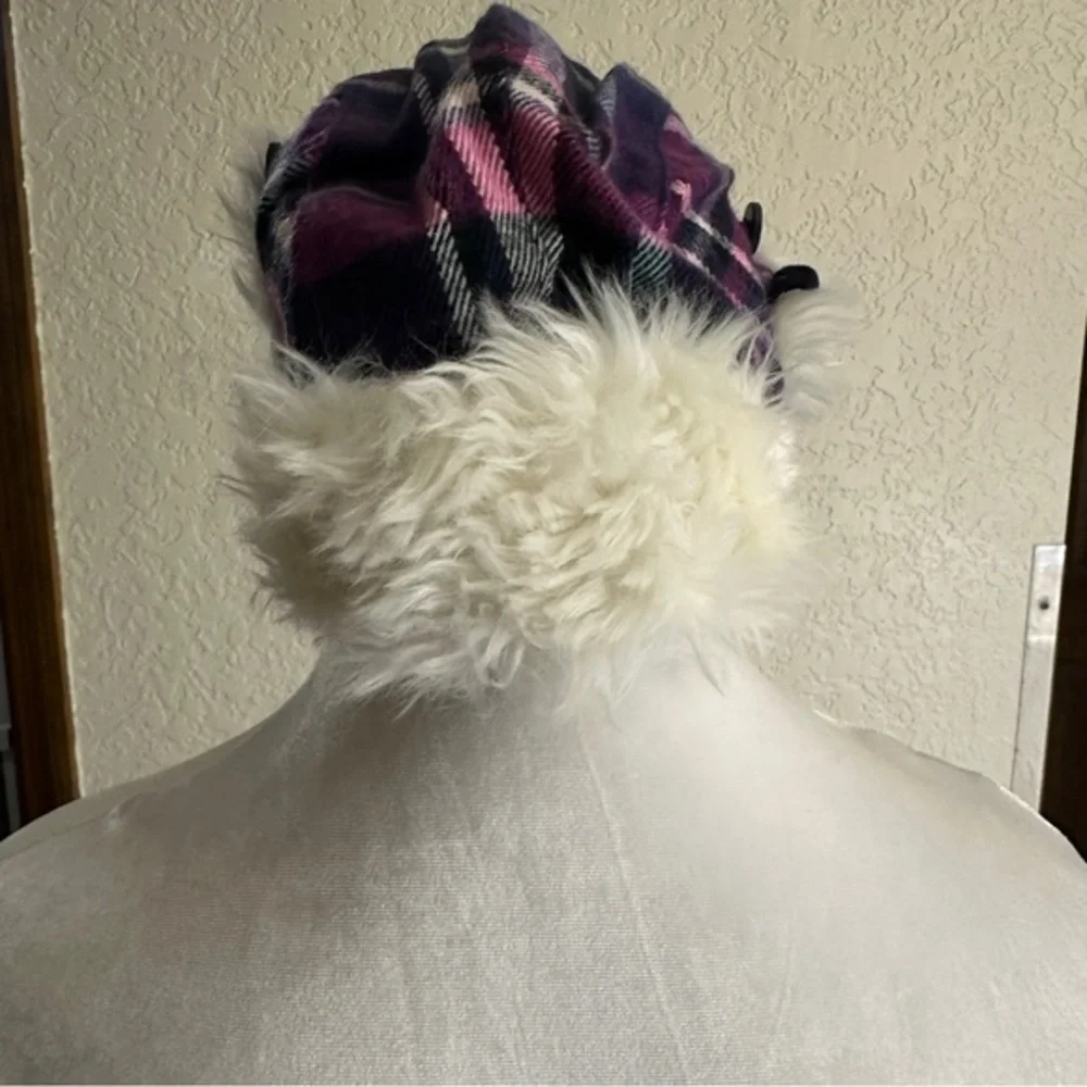 Beadz‎ 'N Bagz Trapper Hat Women OS Purple Plaid Faux Fur NEW